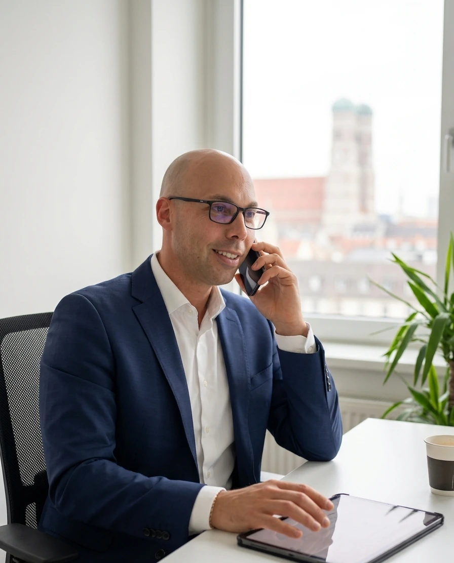 Marc Hempel bei der diskreten Direktvermittlung und telefonischen Ansprache von Fachkräften im modernen Büro.